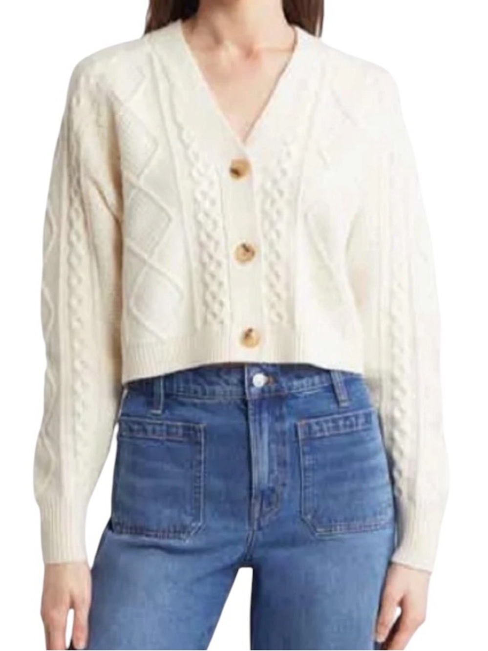 Madewell Cream Cable-Knit Cropped V-Neck Cardigan Cotton